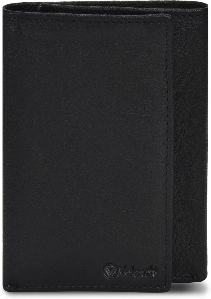 VALENCHI Genuine Real Leather Trifold Men’s Wallet – With Card Holder Slots, ID Window and Currency Compartment (Black Shrunken TF03)