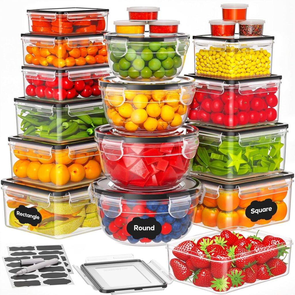 42 PCS Food Storage Containers with Lids (21 Containers & 21 Lids) – Reusable Plastic Food Containers for Kitchen Storage and Organization BPA-Free Leakproof Meal Prep Container with Labels & Pen