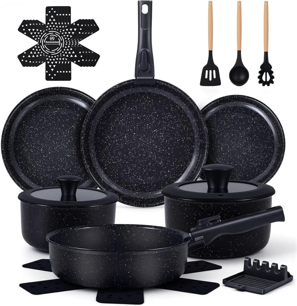 Ammeloo 21 Pcs Pots and Pans Set Non Stick, Ceramic Kitchen Cookware Set with Detachable Handle, Non Toxic Cooking Set for Kitchen, RV, Camping and Fridge, Induction Ready, Dishwasher/Oven Safe, Black