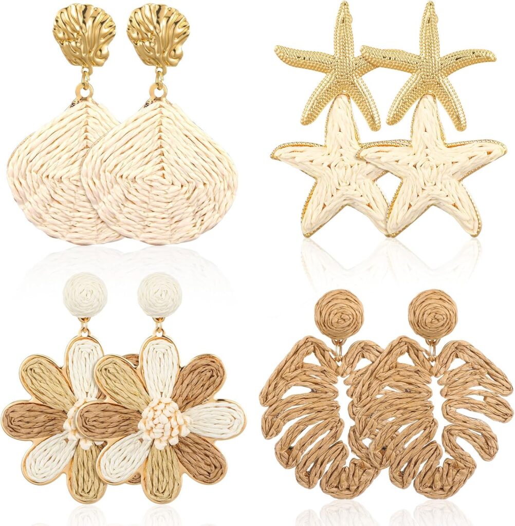 Nosiny 4 Pairs Rattan Earrings Beach Handmade Raffia Earrings Set for Women Bohemian Statement Earring Drop Dangle Summer Starfish Shell Monstera Daisy Flower Jewelry for Party Wedding Daily Travel