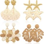 Nosiny 4 Pairs Rattan Earrings Beach Handmade Raffia Earrings Set for Women Bohemian Statement Earring Drop Dangle Summer Starfish Shell Monstera Daisy Flower Jewelry for Party Wedding Daily Travel