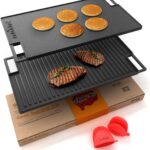 NutriChef Cast Iron Reversible Grill Plate – 18 Inch Flat & Ridged Skillet Griddle Pan, Fits Two Burners, for Gas, Electric, Ceramic Stovetops, with Silicone Oven Mitt