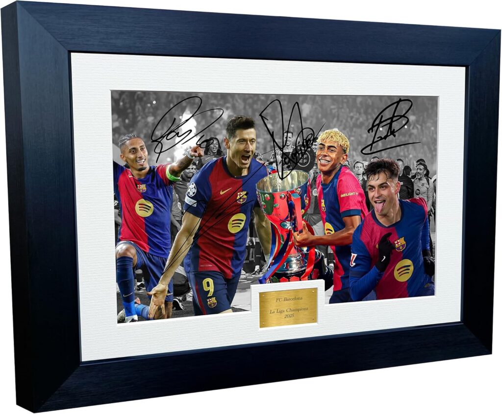 12×8 A4 Signed Barcelona LA LIGA CHAMPIONS 2025 Lamine Yamal Robert Lewandowski Raphinha Pedri Autographed Autograph Signature Picture Frame Photograph Photo Football Soccer Poster Gift