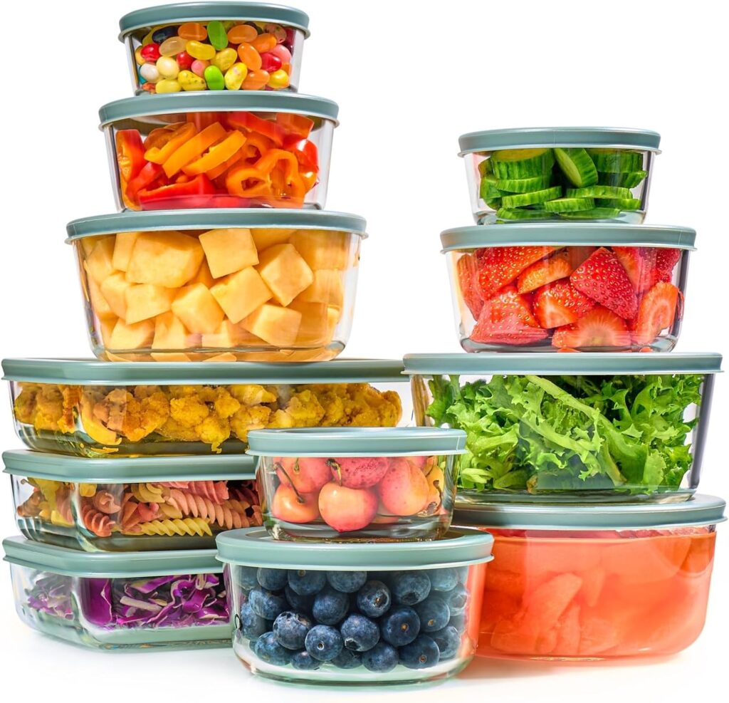 24pc Set Glass Food Storage Containers & Bowls with Airtight Lids – Leakproof BPA-Free Meal Prep Airtight Stackable Lunch Boxes, Kitchen Pantry & Storage Organizers – Microwave Freezer Dishwasher Safe