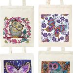 DOOSAI 4 Pack Diamond Painting Kits Canvas Tote Bags Art Kits 5D Boho Diamond Dots Kits Reusable Grocery Bags DIY Handbags Handmade Gifts Shopping Bags for Women Adults (Owls Butterflys)
