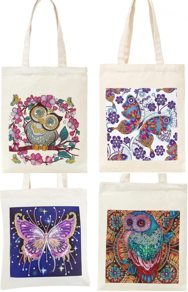 DOOSAI 4 Pack Diamond Painting Kits Canvas Tote Bags Art Kits 5D Boho Diamond Dots Kits Reusable Grocery Bags DIY Handbags Handmade Gifts Shopping Bags for Women Adults (Owls Butterflys)