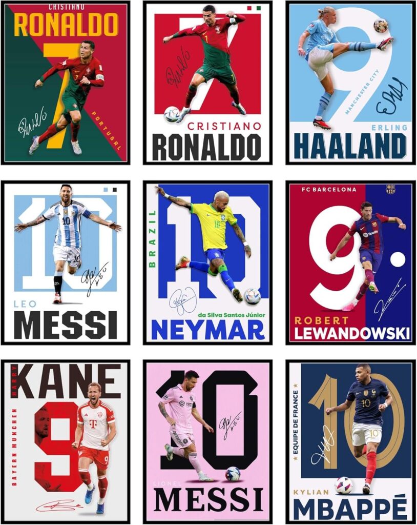 BigWig Prints Soccer Poster – Soccer Decor For Boys Bedroom, Messi And Ronaldo Poster, Messi Posters For Boys Bedroom, Mbappe Wall Art, Neymar Wall Art, Ronaldo Posters – Unframed Set Of 9 (8×10”)