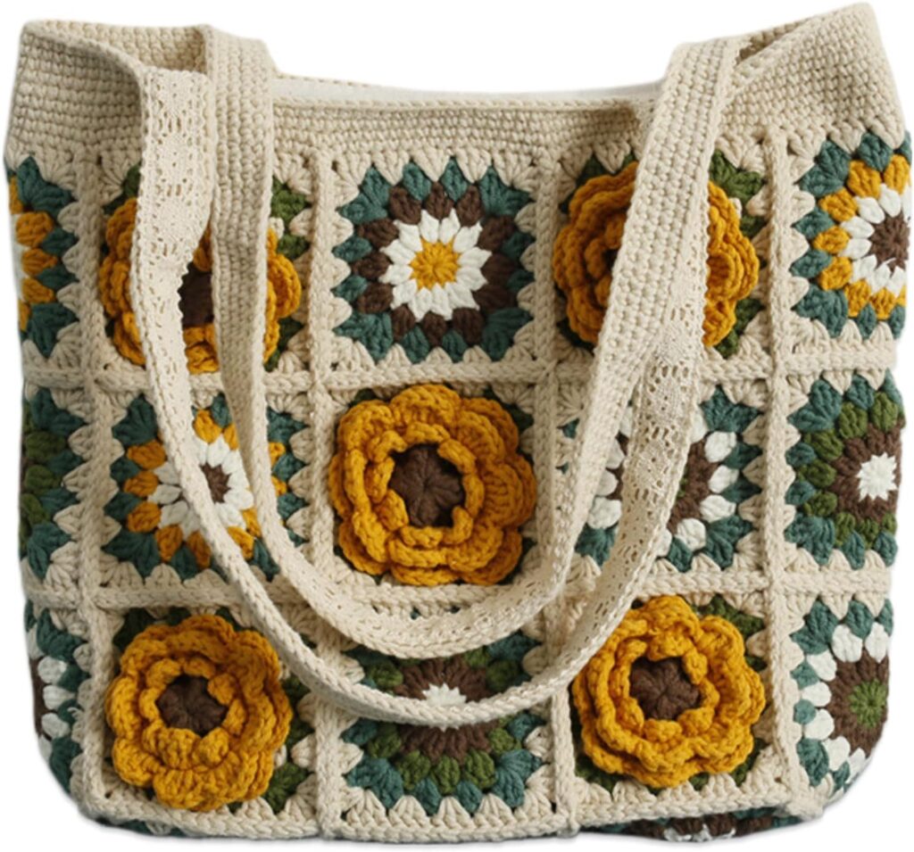 Handmade Crochet Boho Shoulder Bag with Textured Floral Design & Zipper Closure – Cotton Lined Tote Purse for Women, Girls, Beach, Vacation, Photo Shoots, Parties