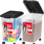 IRIS USA Dog Food Storage Container, 2 Pack, Up to 30 lbs Each, Airtight Seal for Freshness, Wheels for Rolling, Easy One Hand Opening, Made in USA, BPA Free, Clear/Black