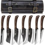 HOSHANHO Butcher Knife Set, Hand Forged Butcher Chef Knife Set with Roll Bag, Sharp Meat Cleaver Knife & Bone Chopper Knives & Fillet Knives for Home & Camping & BBQ Gift for Men
