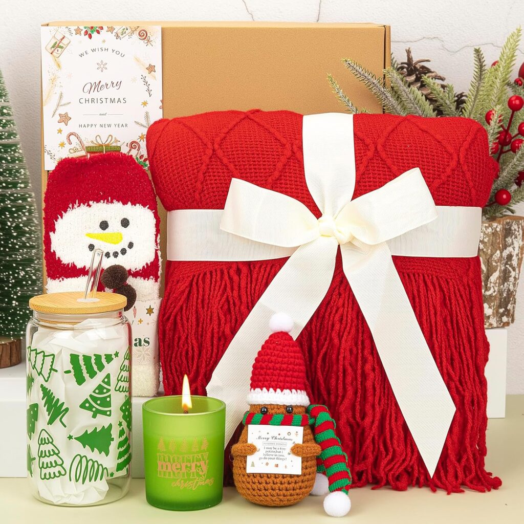 Christmas Gifts for Women ,Cozy Holiday Gift Box with Red Blanket, Candle, 16oz Glass Cup, Socks & Handmade Christmas Potato Plush,Perfect Xmas Present for Mom, Wife, Girlfriend, Sister, Best Friend, Coworkers, Boss, Teacher, Nurse