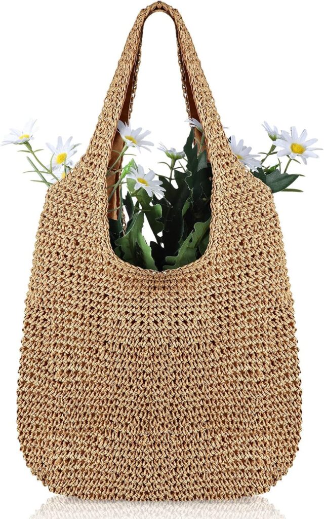 Women Straw Beach Bag Bucket Tote Summer Woven Handmade Handbag Shoulder Bag (Stylish Style,15.75 x 11.81 x 14.17 Inches)
