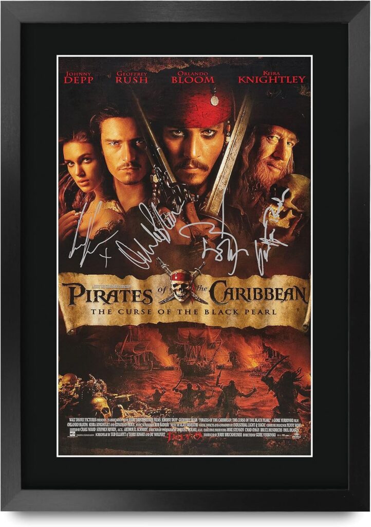 HWC Trading Pirates Of The Caribbean – The Curse Of The Black Pearl Movie Poster The Cast Signed 16 x 12 inch Framed Gift Printed Autograph Film Print Photo Picture Display – 16″ x 12″ Framed