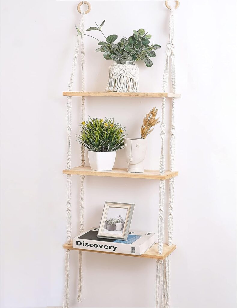 Boho 3-Tier Wooden Plant Shelves – Macrame Wall Hanging Storage for Apartment, Bathroom, Living Room, Bedroom