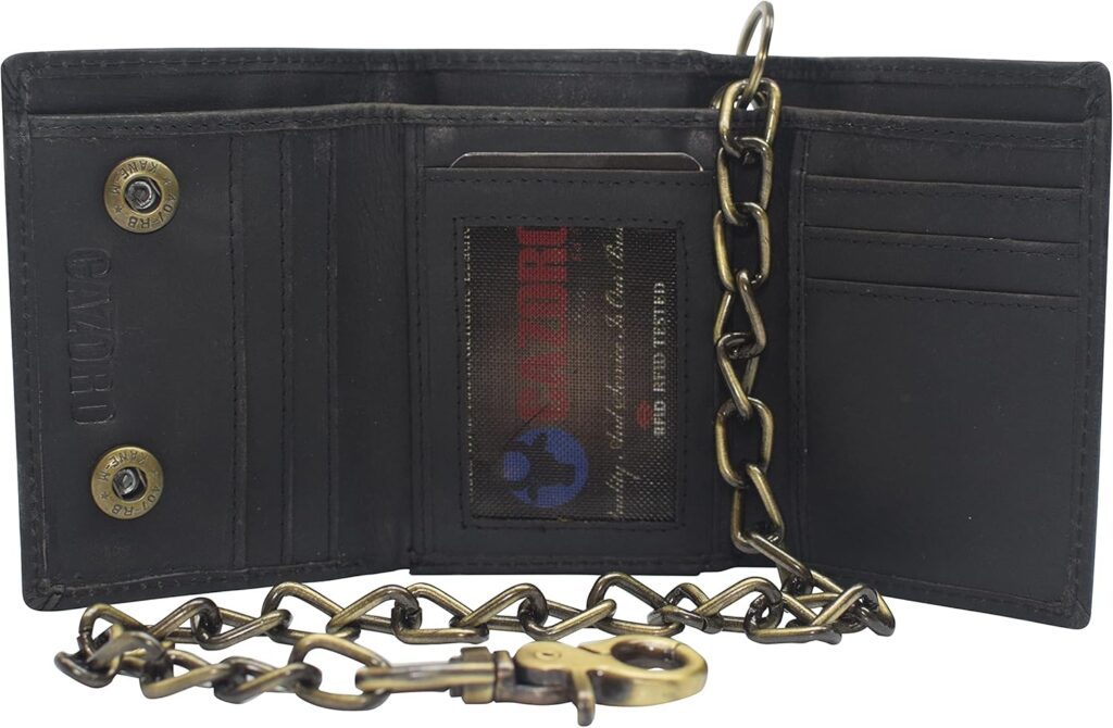 Men’s RFID Blocking Trifold Vintage Leather Biker Chain Wallet With Snap Closure