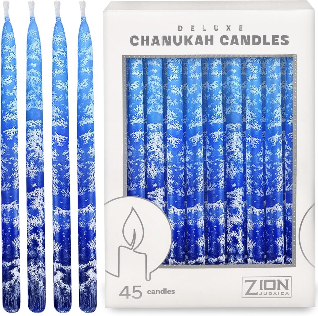 Premium Dripless Hanukkah Candles Multi Blues Frosted Thin Tapered Chanukah Candle Set of 45 Enough for Eight Nights of Hanukah Includes a DIY Dreidel, Prayer Card with Chanukah Song – Aviv Judaica