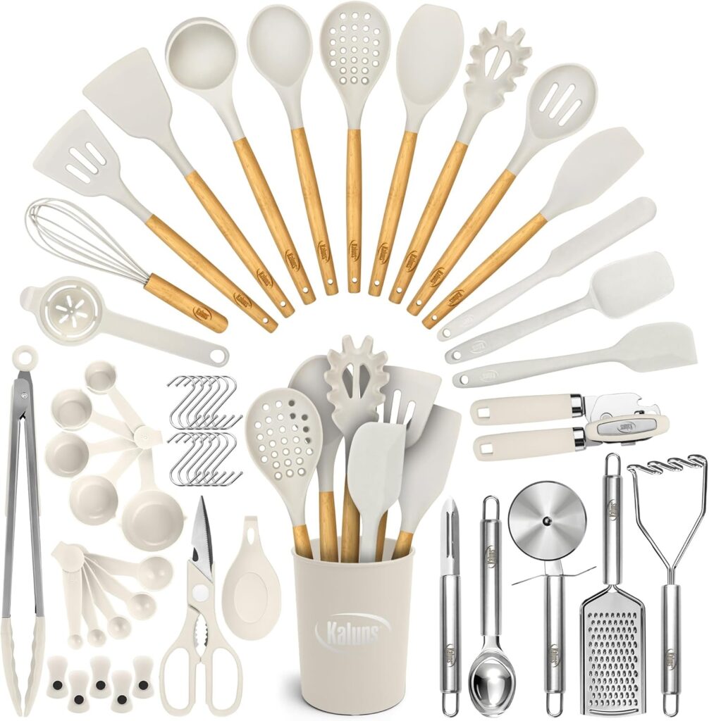 Kaluns 50 PCS Silicone Kitchen Utensils Set Complete Kitchen Set – 800°F Heat Resistant Non-Stick Premium Cooking Utensils W Wooden Handles – Can Opener, Masher, Turner, Silicone Spatula Set