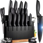 Home Hero High Carbon Stainless Steel Kitchen Knife Set – Chef Knives & Two-Stage Sharpener – Ergonomic Handles & Precision Cutting – Acrylic Cutlery Block & Easy Access Storage – 20 Pc, Black