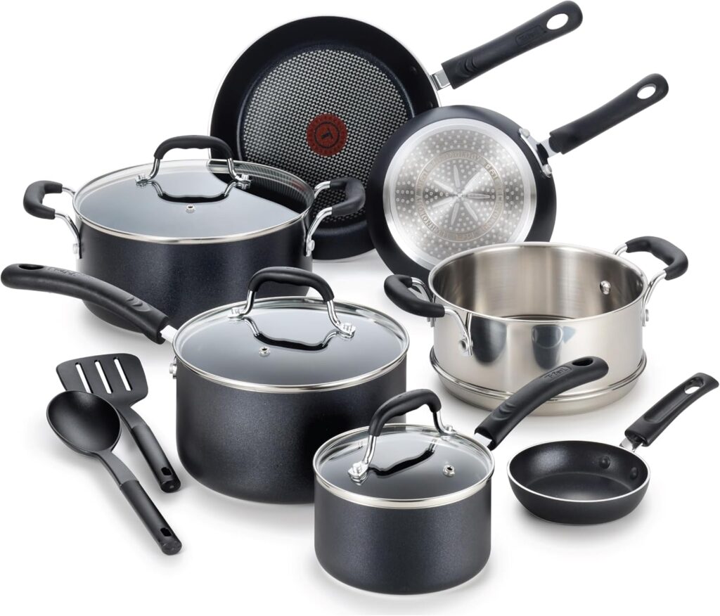 T-fal Experience Nonstick Cookware Set 12 Piece, Induction, Oven Broiler Safe 350F, Kitchen Cooking Set w/Fry Pans, Saucepan, Stockpot, Kitchen Utensils, Pots and Pans, Dishwasher Safe, Black