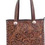 Women’s Hand-Tooled Floral Leather Tote Bag – Handmade Western Purse with Silver Conchos, Studded Trim, Genuine Cowhide Shoulder Satchel, Vintage Boho Style Handbag