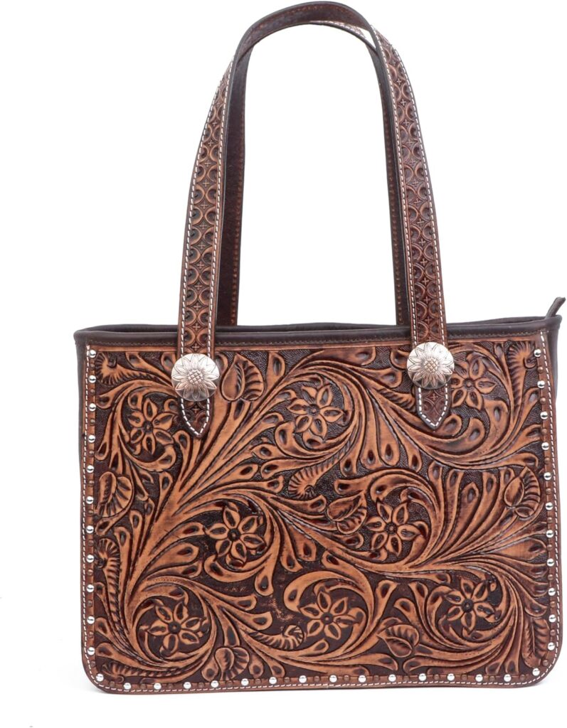 Women’s Hand-Tooled Floral Leather Tote Bag – Handmade Western Purse with Silver Conchos, Studded Trim, Genuine Cowhide Shoulder Satchel, Vintage Boho Style Handbag