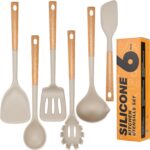 Silicone Cooking Utensils Set, Heat Resistance Large Kitchen Utensils Set with Long Wooden Handle, BPA-free Silicone Spatula, 6 Pcs Cooking Spoons for Non Stick Frying Pans and Pots(Khaki）