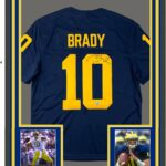 Framed Autographed/Signed Tom Brady 35×39 Michigan Wolverines Blue Authentic Limited Football Jersey Fanatics COA