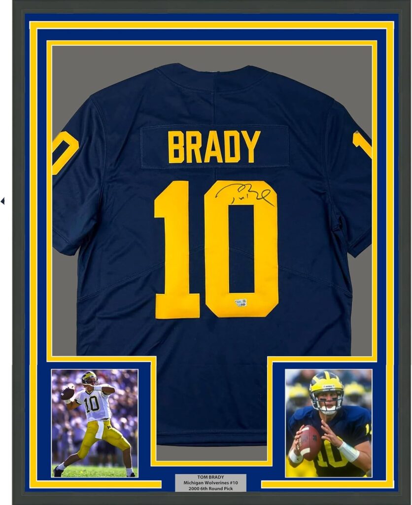 Framed Autographed/Signed Tom Brady 35×39 Michigan Wolverines Blue Authentic Limited Football Jersey Fanatics COA