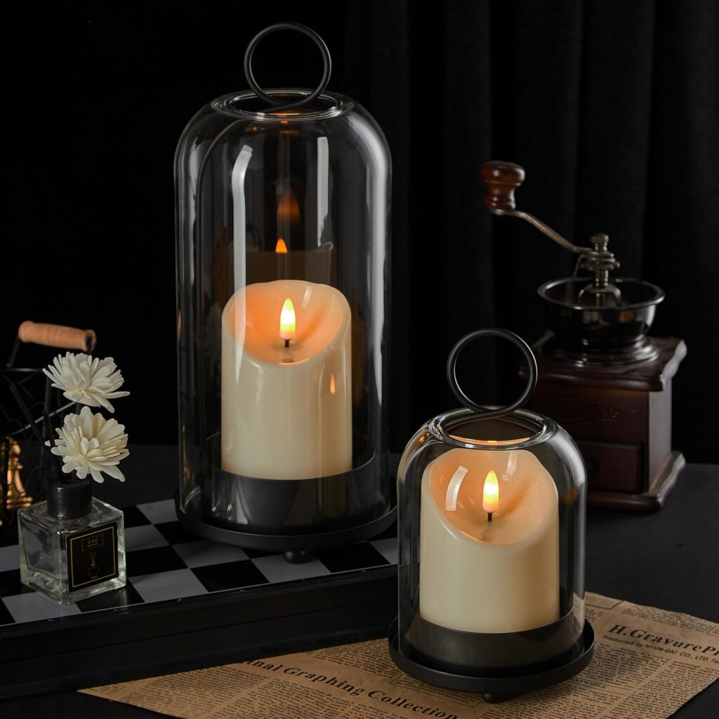 5″&4″ Metal Candle Holder with Handmade Glass Dome in Brass & 2 Timer Candles, Set of 2 Versatile Hurricane Glass Candle Holders for Pillar Candles & Plants