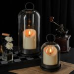 5″&4″ Metal Candle Holder with Handmade Glass Dome in Brass & 2 Timer Candles, Set of 2 Versatile Hurricane Glass Candle Holders for Pillar Candles & Plants