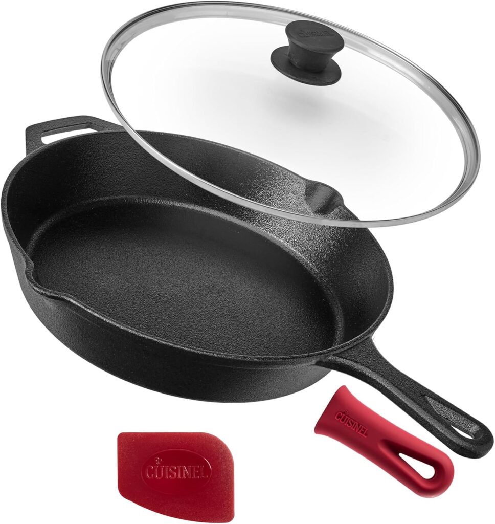 Cuisinel Cast Iron Skillet with Lid – 12″-Inch Frying Pan + Glass Lid + Heat-Resistant Handle Cover – Pre-Seasoned Oven Safe Cookware – Indoor/Outdoor Use – Grill, BBQ, Fire, Stovetop, Induction Safe