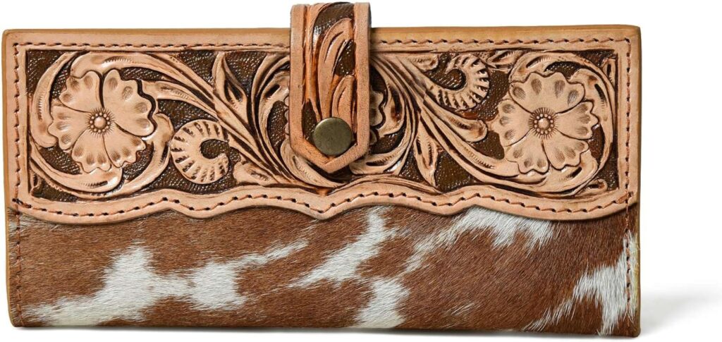 Merbaa Cowhide Leather Wallet for Women – Handcrafted Tooled Floral Western Clutch – Snap Closure Purse – Stylish Organizer for Daily Use – Gift Idea