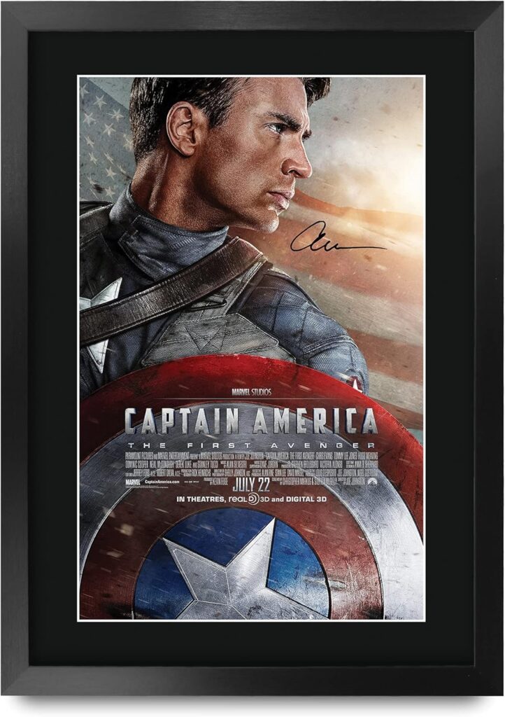 HWC Trading Captain America Movie Poster Chris Evans Signed 16 x 12 inch Framed Gift Printed Autograph Film Print Photo Picture Display – 16″ x 12″ Framed