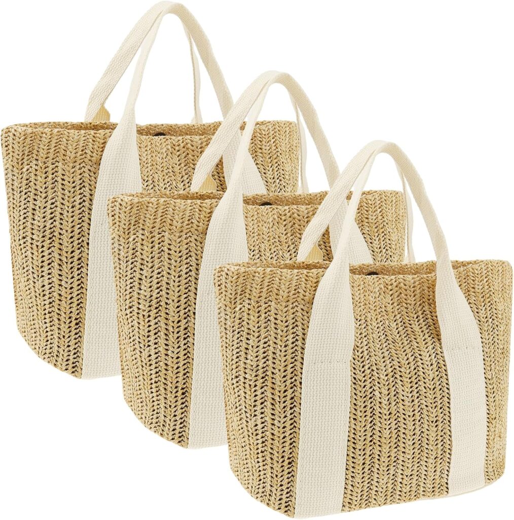 3Pcs Straw Beach Bags for Women 9.8 x 5.5 x 8.7 in, Women Beach Handmade Woven Tote Bag, Woven Burlap Mesh Hollow Shoulder Bags with Handle, Vacation Totes Shopping Travel Bag
