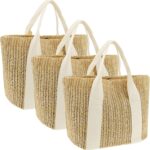 3Pcs Straw Beach Bags for Women 9.8 x 5.5 x 8.7 in, Women Beach Handmade Woven Tote Bag, Woven Burlap Mesh Hollow Shoulder Bags with Handle, Vacation Totes Shopping Travel Bag