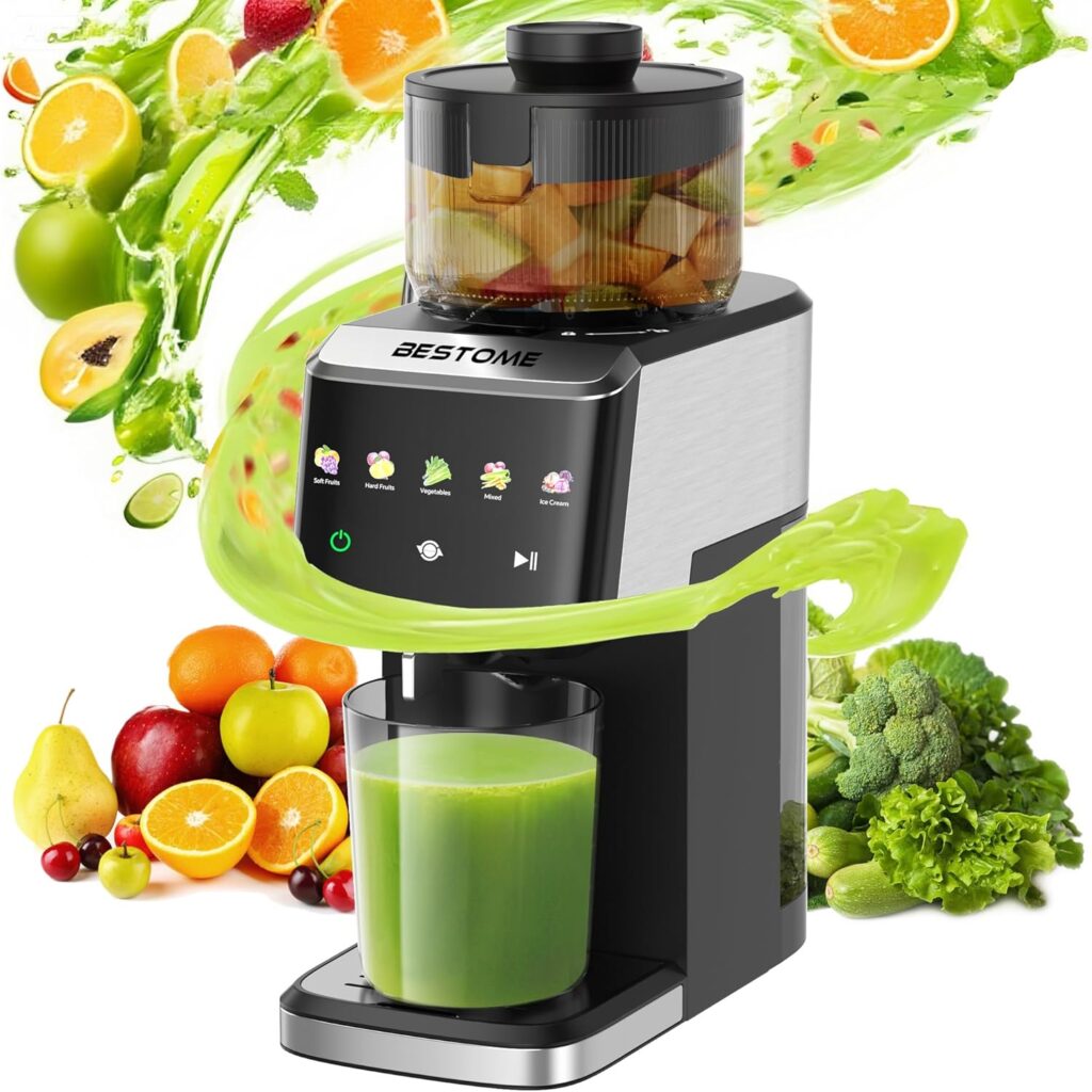 Cold Press Juicer, 5.12″ Wide Feed Chute Juice Extractor Machine, Slow Masticating Juicer with Quiet Motor, High Juice Yield, BPA-Free, Juice Maker for Whole Fruits, Vegetables & Leafy Greens (Black)