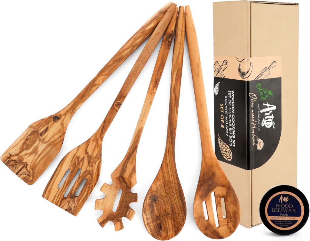 Olive Wood Kitchen Utensil Set – 5 Premium Handcrafted Wooden Cooking Tools (13.8” Each), Eco-Friendly, Durable Utensils for Stirring, Mixing, and Serving