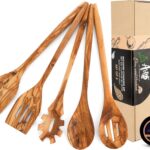 Olive Wood Kitchen Utensil Set – 5 Premium Handcrafted Wooden Cooking Tools (13.8” Each), Eco-Friendly, Durable Utensils for Stirring, Mixing, and Serving