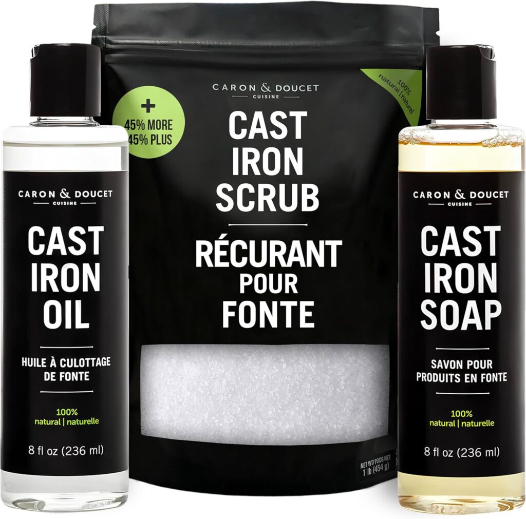CARON & DOUCET – New Ultimate Cast Iron Set: Seasoning Oil, Cleaning Soap & Restoring Scrub | 100% Plant-Based & Best for Cleaning Care, Washing, Restoring & Seasoning Skillets, Pans & Grills!