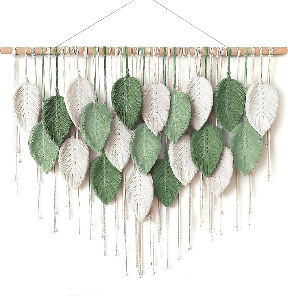 NYEONHRT Large Macrame Wall Hanging Boho Leaf and Feather Tapestry Handmade Woven Wall Art for Living Room Bedroom Nursery Decor 39×31 Inch (White green)