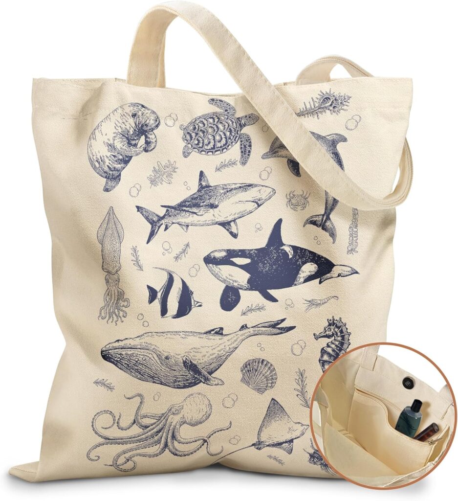 Aesthetic Tote Bag for Girls – with Magnetic Buckle and Zipper Inner Pocket for Women Lady Canvas Cotton Tote Bag