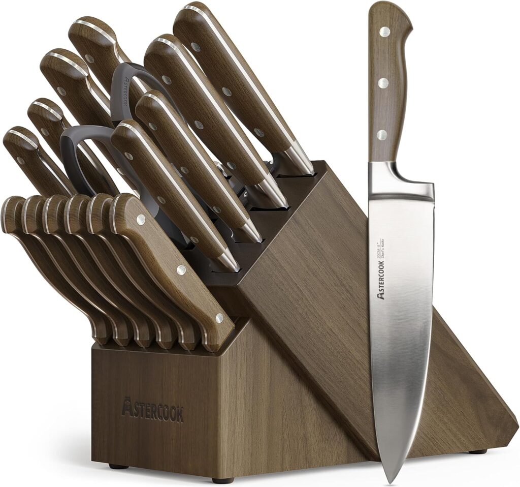 Knife Set, Astercook 17-Pieces Forged Kitchen Knife Set with Block – Full-Tang Stainless Steel Knives, Forged Triple Rivet, Luxury Walnut Handles, Gift-Ready Collection