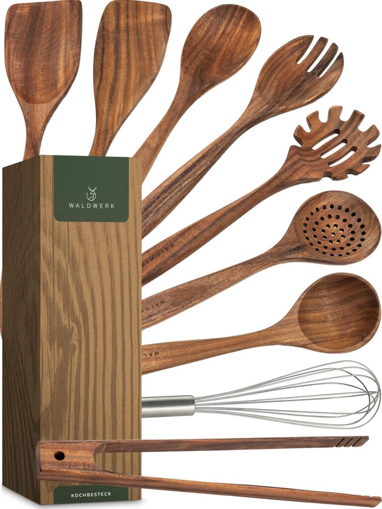 WALDWERK Wooden Spoons for Cooking – 9-Piece Kitchen Utensils Set with Spatula, Tongs, Whisk, Wooden Spoons & Pasta Server – Wooden Utensil Set – Utensil Sets – Cooking Utensils – Non Toxic