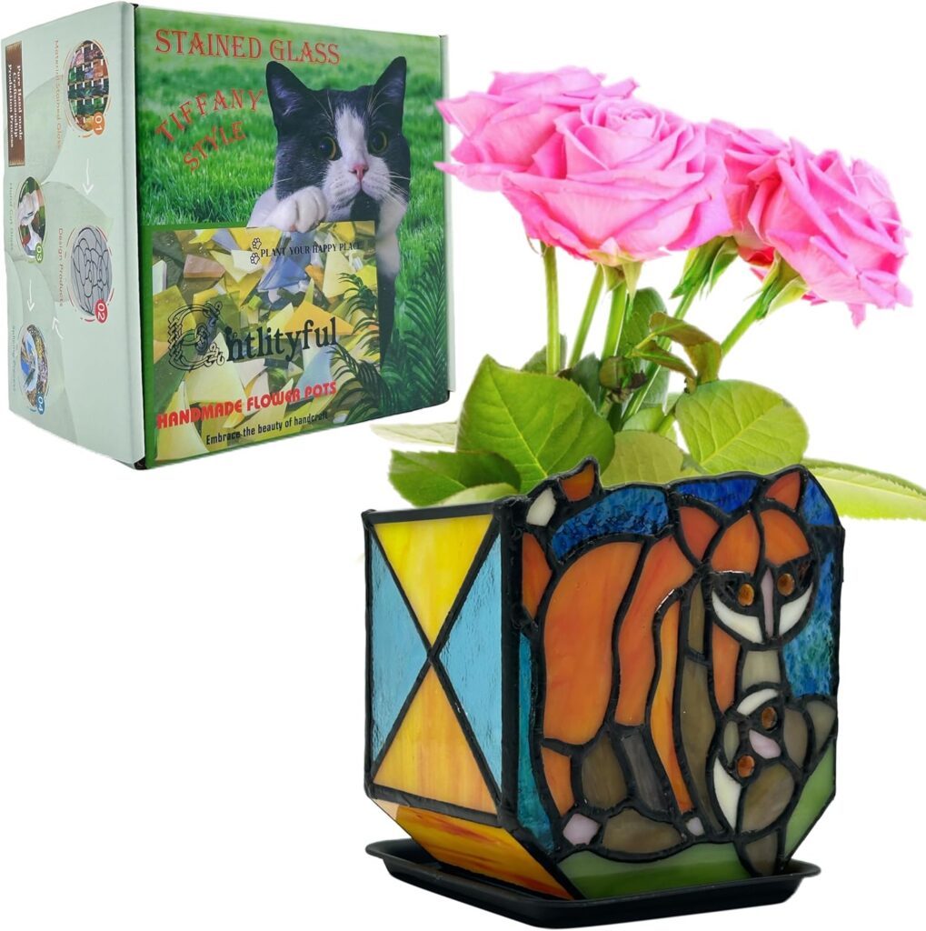 Stained Glass Naughty Cat Planter, Indoor Plant Pots with Drain,Handmade Tiffany Style,Small Candle Holder Decor,Plant Lover Gifts for Women,Gifts for Cat Lovers