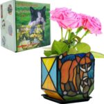 Stained Glass Naughty Cat Planter, Indoor Plant Pots with Drain,Handmade Tiffany Style,Small Candle Holder Decor,Plant Lover Gifts for Women,Gifts for Cat Lovers