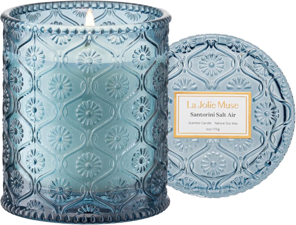 LA JOLIE MUSE Santorini Salt Air Candle – Bergamot, Sea Daffodil, Sandalwood | 6 oz Natural Soy Wax | 40 Hours Clean Burn | Ocean Scented Candle | Gift-Ready for Hosts & Gatherings