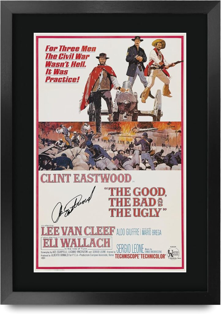 HWC Trading The Good, The Bad & The Ugly Movie Poster Clint Eastwood Signed 16 x 12 inch Framed Gift Printed Autograph Film Print Photo Picture Display – 16″ x 12″ Framed