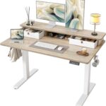 TIQLAB 48 * 24 Inch Standing Desk with Two Drawers, Stand Up Standing Desk Adjustable Height, Electric Sit Stand Table with Storage Shelf and Splice Board, Maple