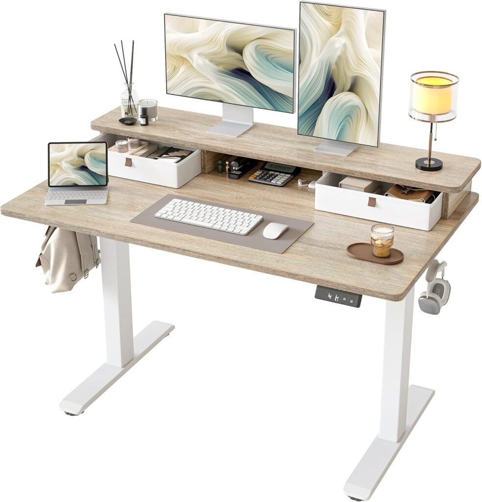 TIQLAB 48 * 24 Inch Standing Desk with Two Drawers, Stand Up Standing Desk Adjustable Height, Electric Sit Stand Table with Storage Shelf and Splice Board, Maple