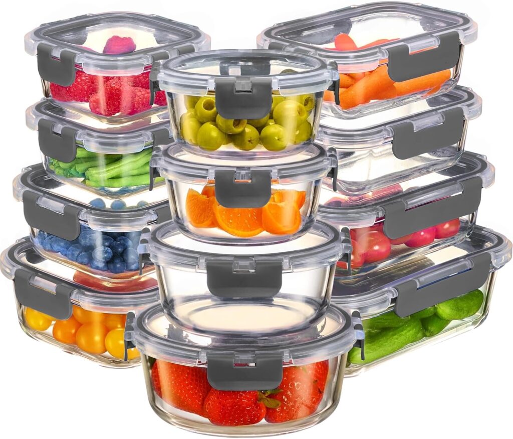 FineDine 24 Piece Premium Borosilicate Glass Meal Prep Containers Glass – Airtight Food Storage Containers with Lids, Hinged Locking Lid, BPA Free, For Meal Prep/Freezer/Oven